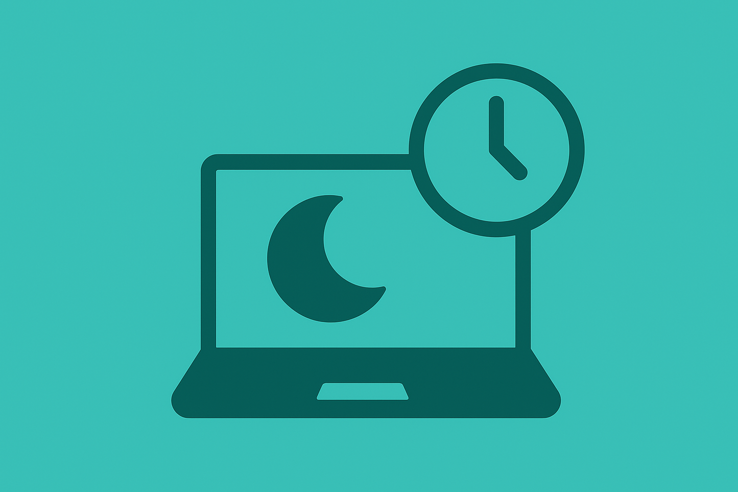 Laptop with moon icon and clock on a teal background