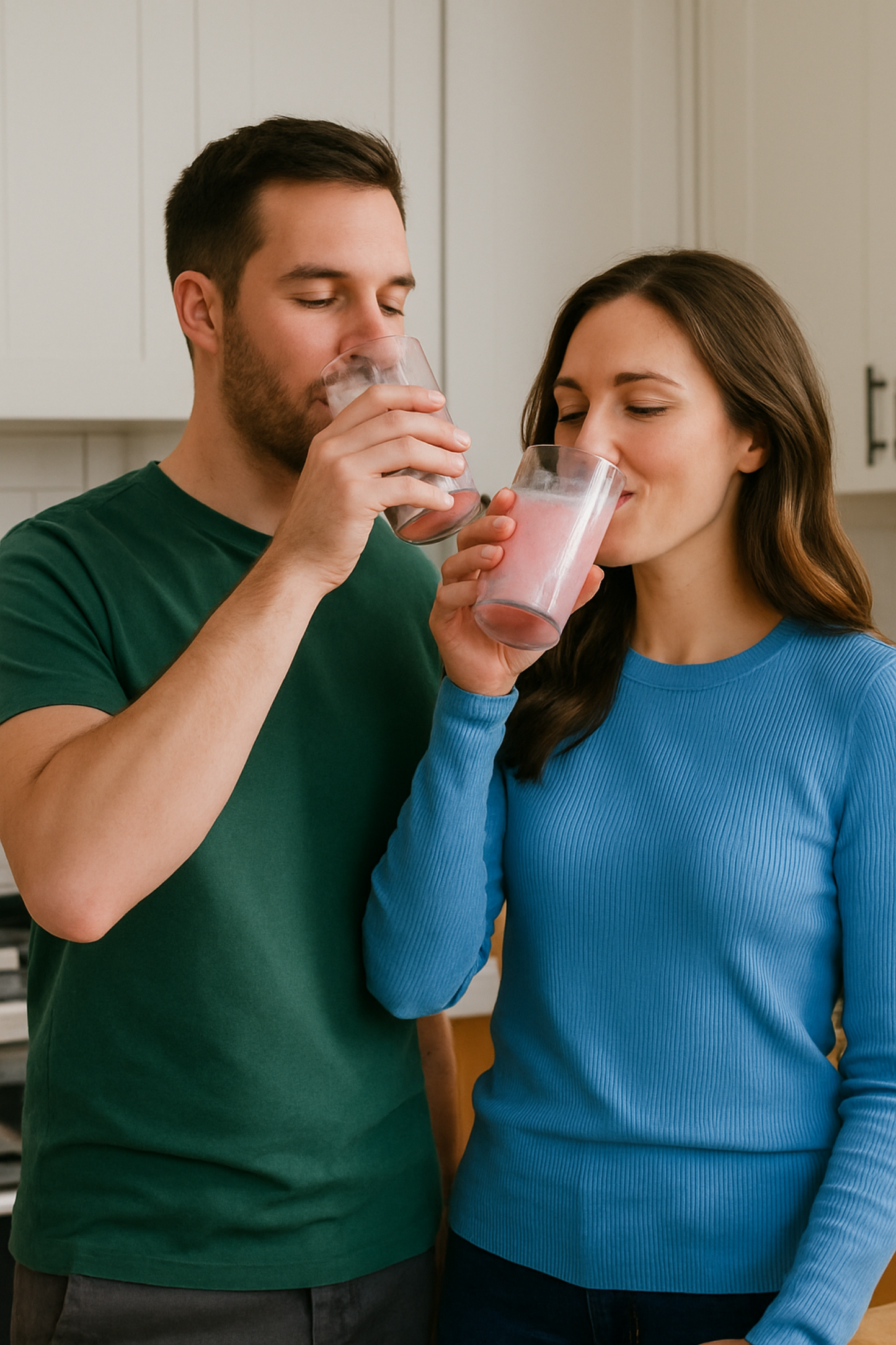 Man and woman drinking from glasses in a kitchen
