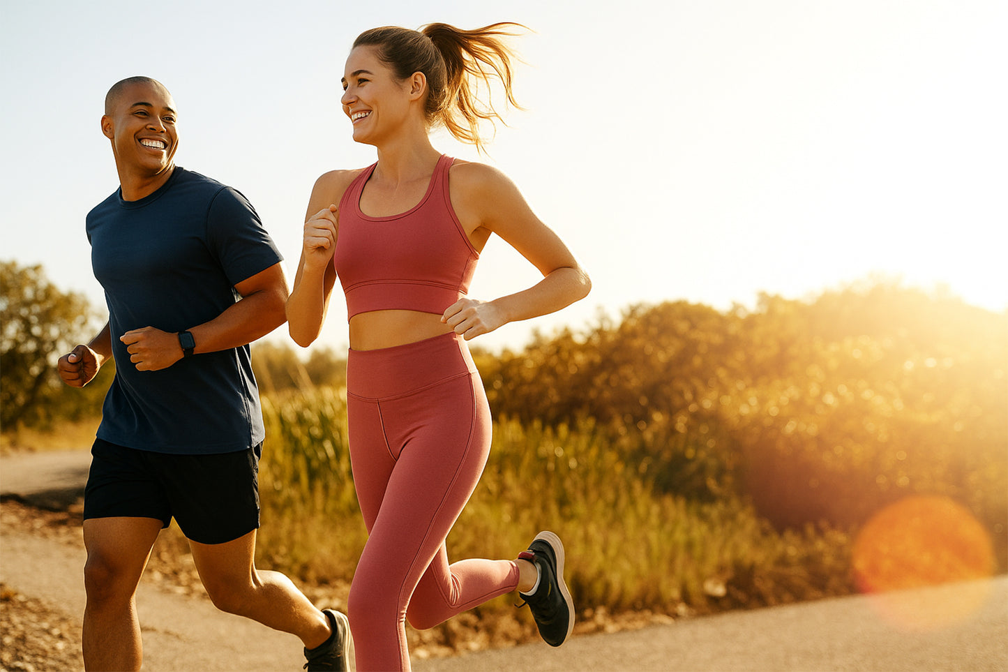 Man and woman jogging outdoors on a sunny day with text promoting starting your wellness journey with optimisemi