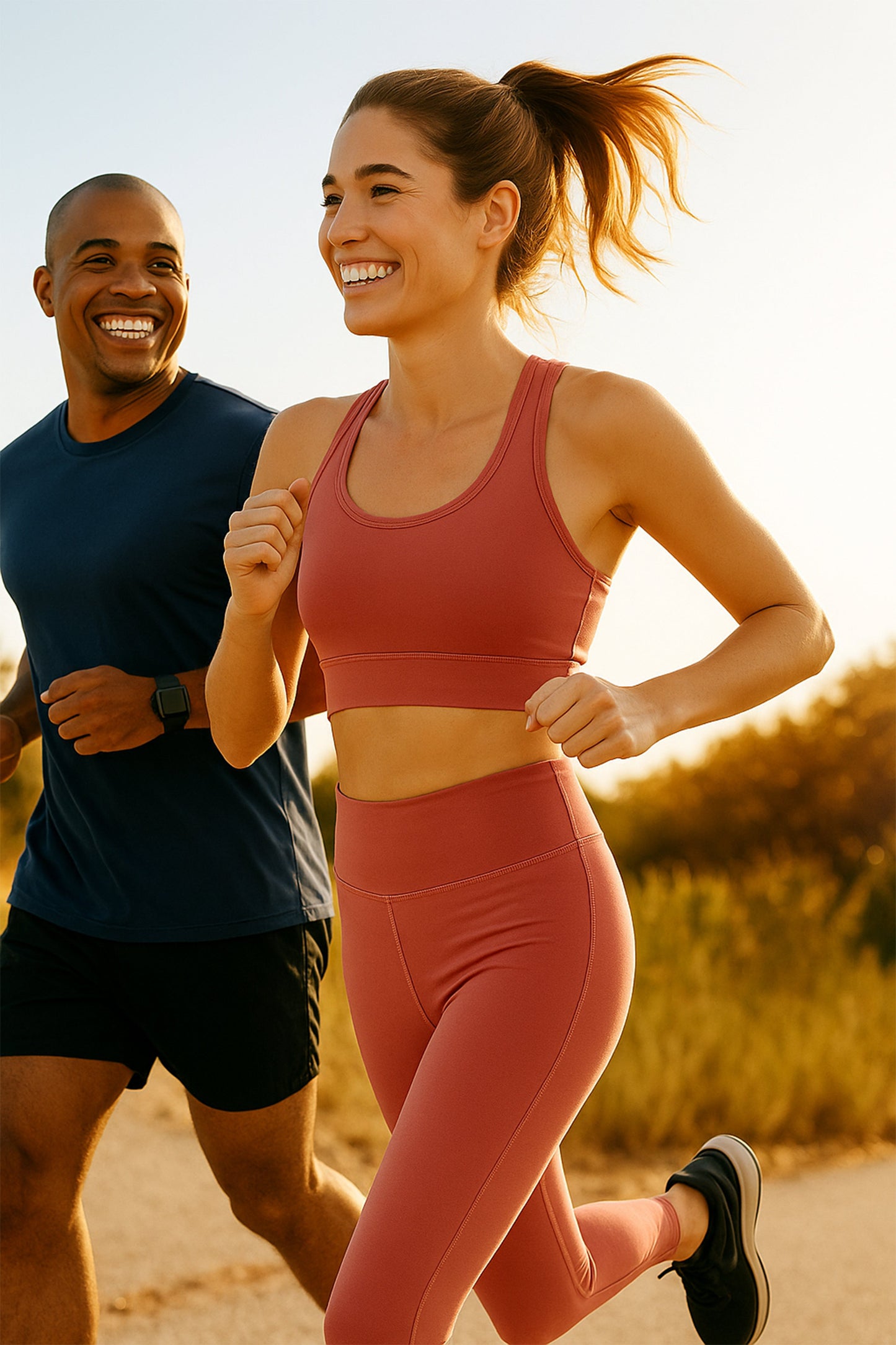 Man and woman jogging outdoors on a sunny day with text promoting starting your wellness journey with optimisemi