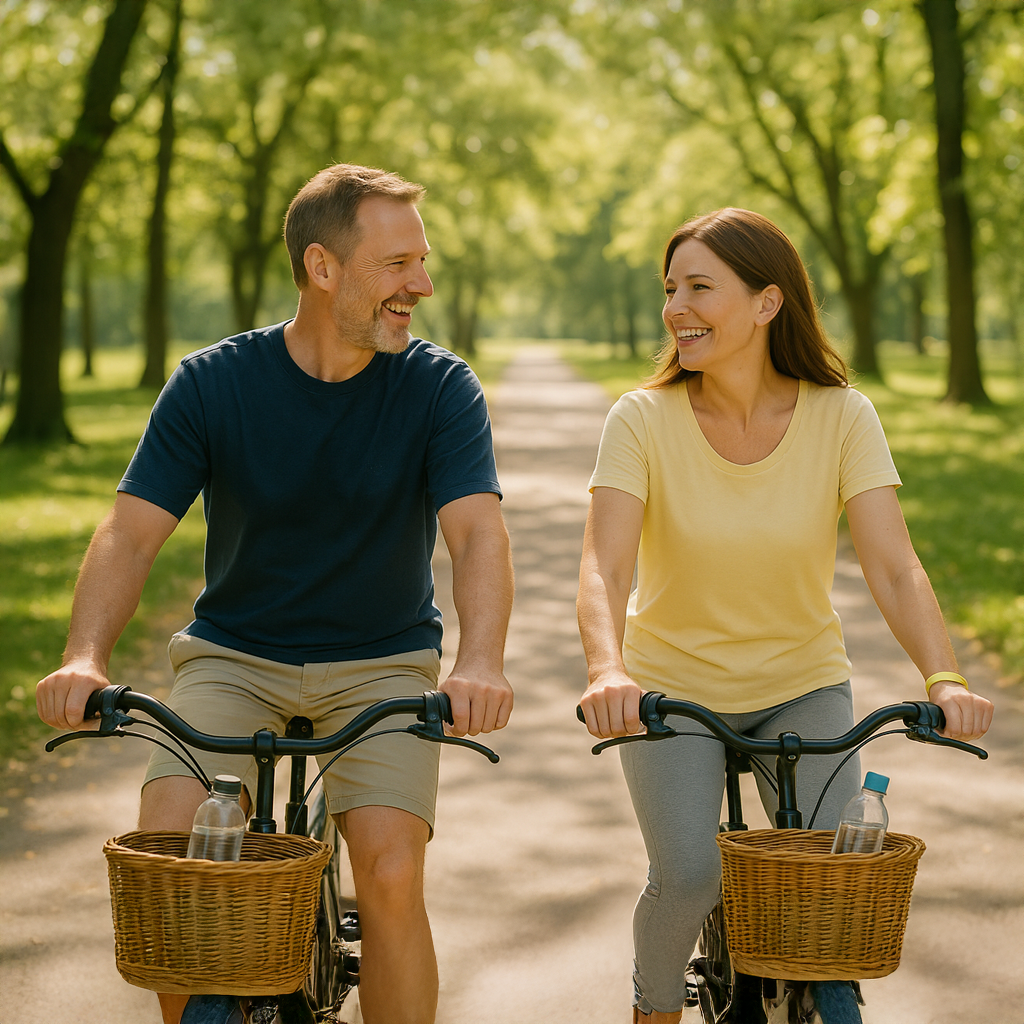 Man and woman riding bicycles together in a park promoting a healthy and active lifestyle.