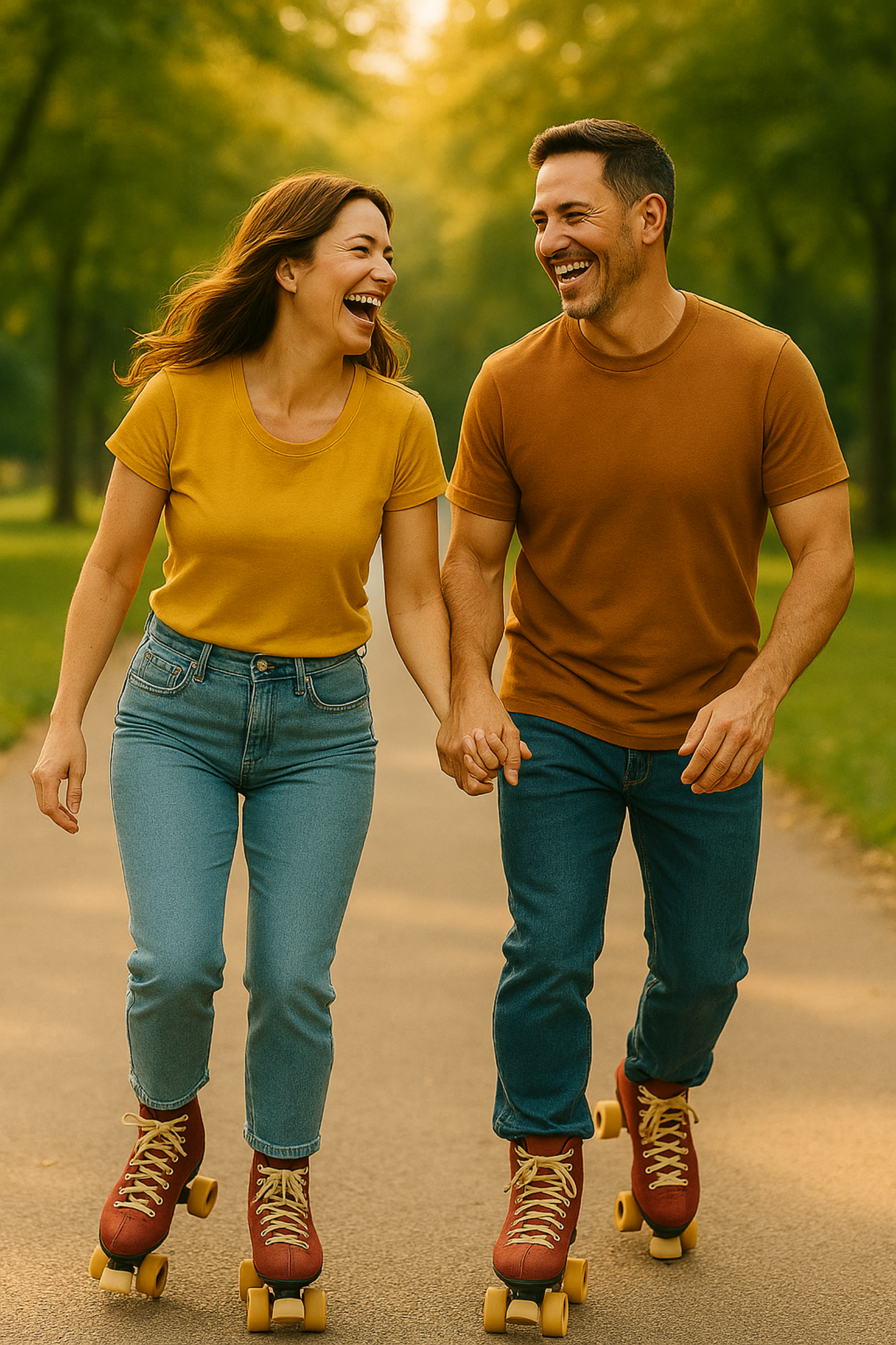 Man and woman rollerblading together in a park smiling and laughing, promoting the optimisemi structure and movement product collection
