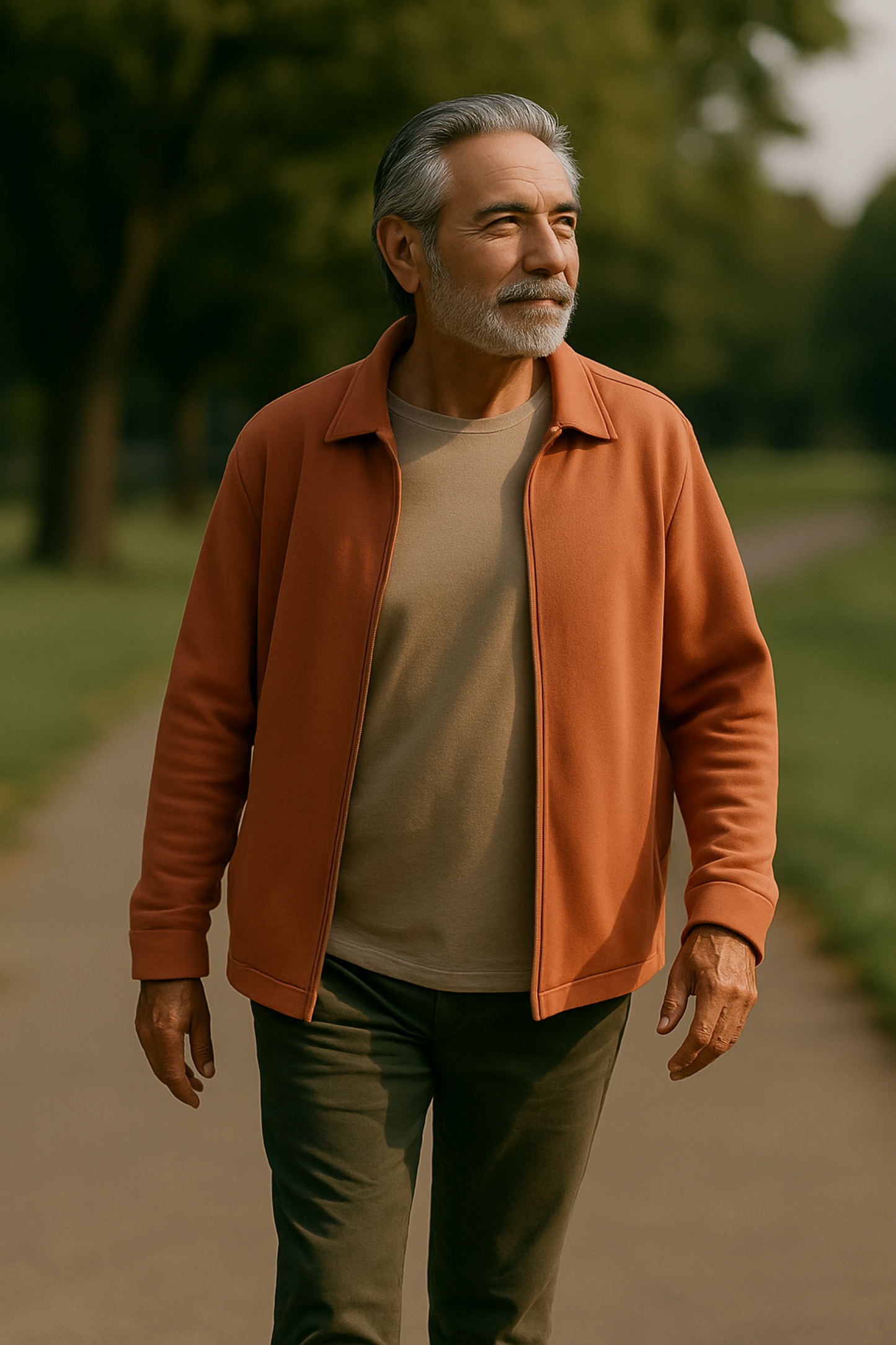 Man in an orange jacket walking on a path with trees in the background, promoting the men's optimisemi product collections