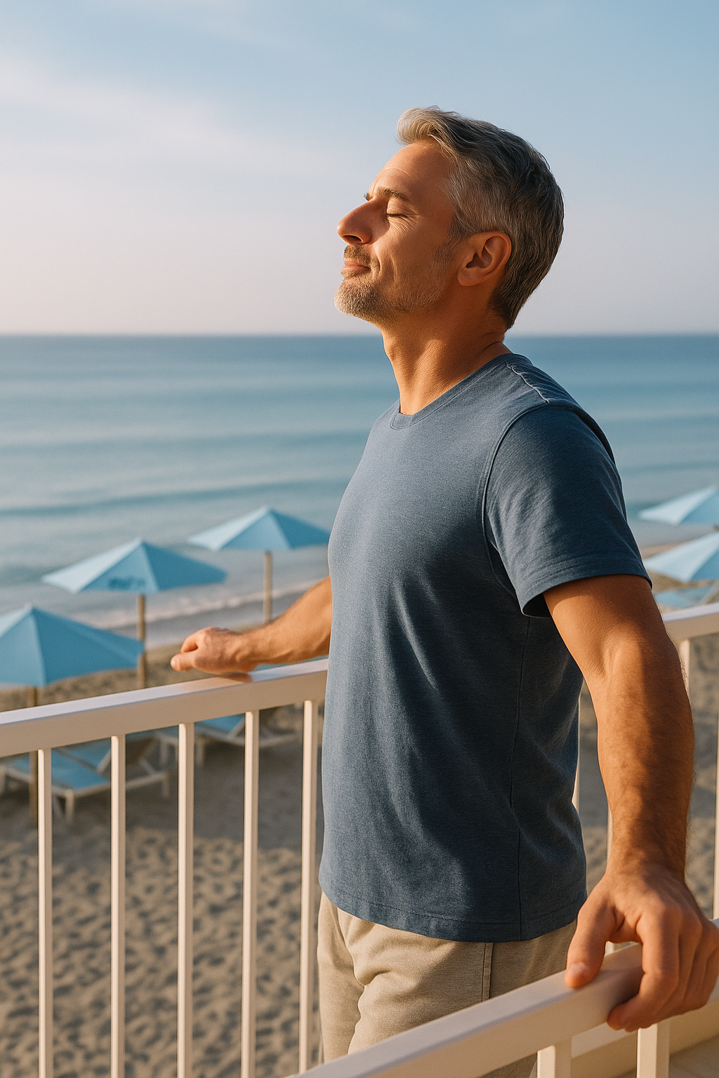 Man standing on a balcony overlooking a beach with umbrellas and ocean view representing calm and balanced, promoting the clarity and balanced optimisemi product collection