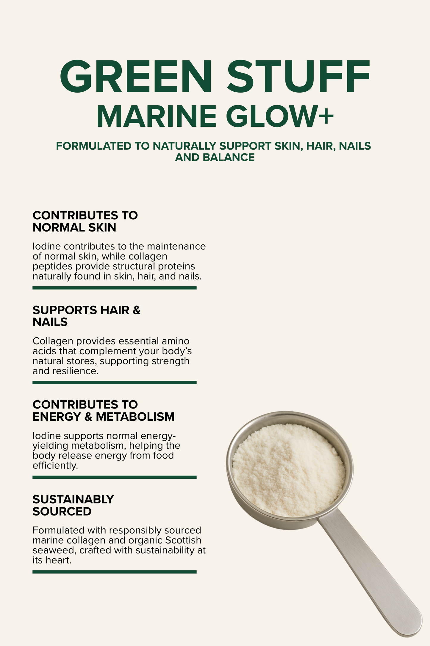 Green Stuff Marine Glow+ product with a scoop of powder and text about its benefits on a white background.