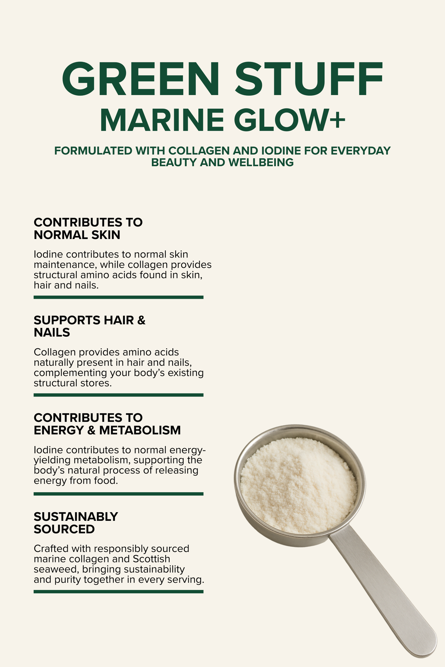 Green Stuff Marine Glow+ product with a scoop of powder and text about its benefits on a white background.