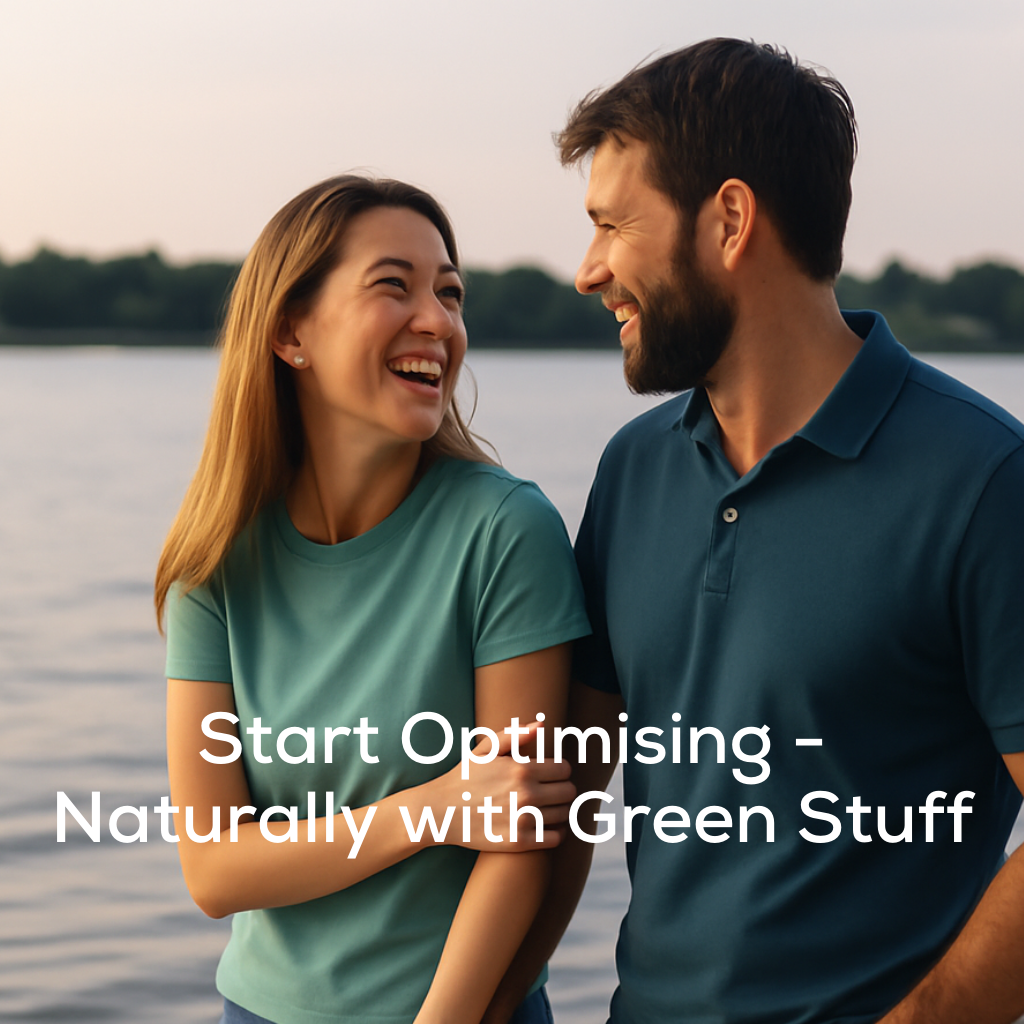 Man and woman standing by a lake with text overlay 'Start Optimising - Naturally with Green Stuff'.