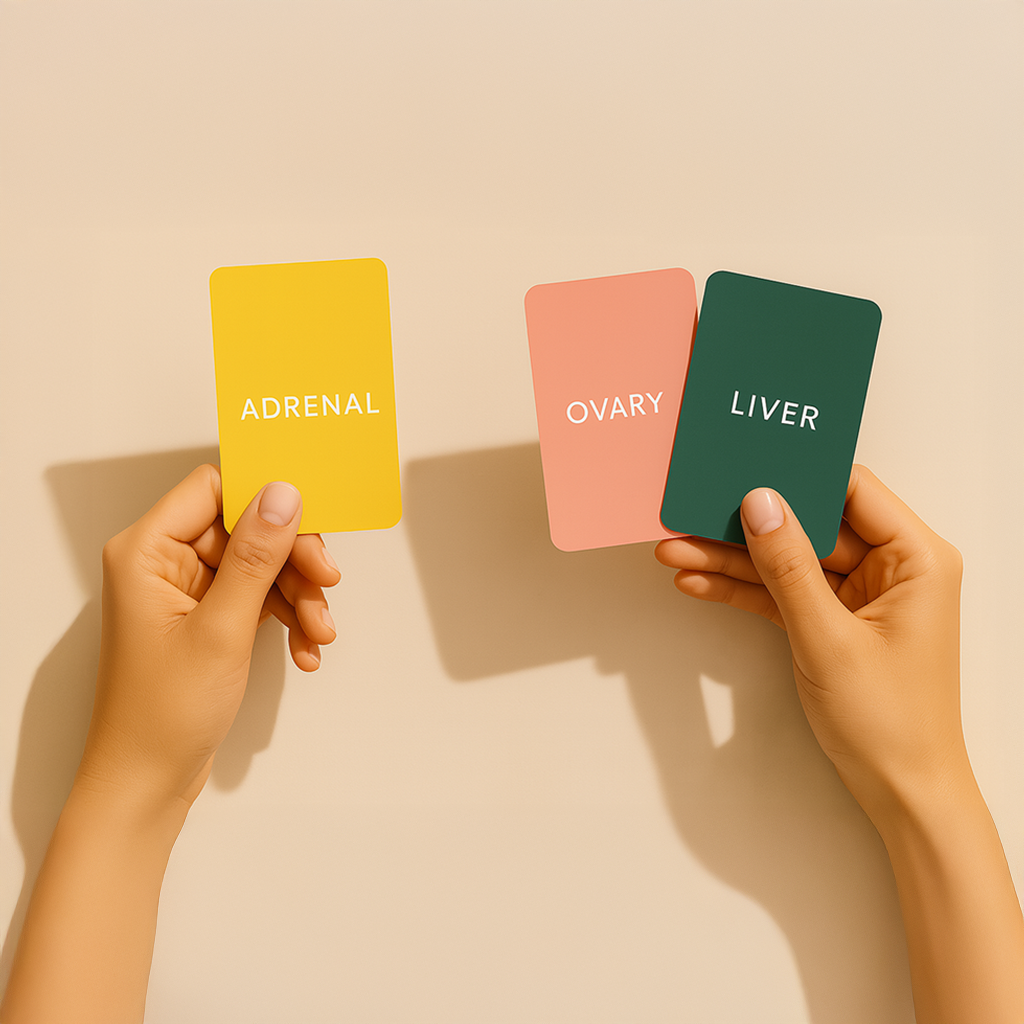 Hands holding cards labeled 'Adrenal', 'Ovary', and 'Liver' on a beige background promoting the optimisemi quiz