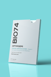 Optimisemi BIO74 Central Nervous System food supplement box, featuring bold black and light blue text on a white background with a light blue border. The label reads: CENTRAL NERVOUS SYSTEM - Support for Clarity, Focus and Inner Balance. 20 Capsules. Food Supplement.