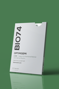 Optimisemi BIO74 Liver food supplement box, featuring bold black and dark green text on a white background with a dark green border. The label reads: LIVER - Support for Nutritional Balance and Internal Rhythm. 20 Capsules. Food Supplement.
