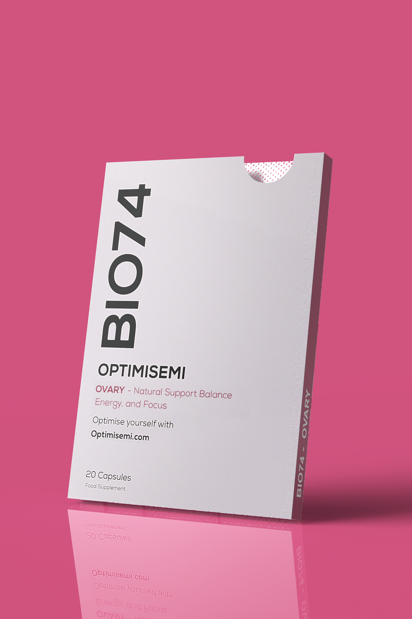 Optimisemi BIO74 Ovary food supplement box, featuring bold black and pink text on a white background with a pink border. The label reads: OVARY - Natural Support for Balance Energy, and Focus. 20 Capsules. Food Supplement.