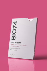 Optimisemi BIO74 Ovary food supplement box, featuring bold black and pink text on a white background with a pink border. The label reads: OVARY - Natural Support for Balance Energy, and Focus. 20 Capsules. Food Supplement.