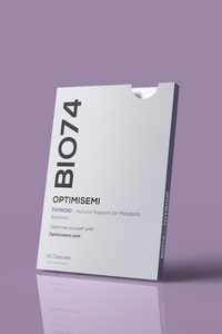Optimisemi BIO74 Thyroid food supplement box, featuring bold black and purple text on a white background with a purple border. The label reads: THYROID - Natural Support for Metabolic Balance. Contains 20 supplement capsules. Supplement.