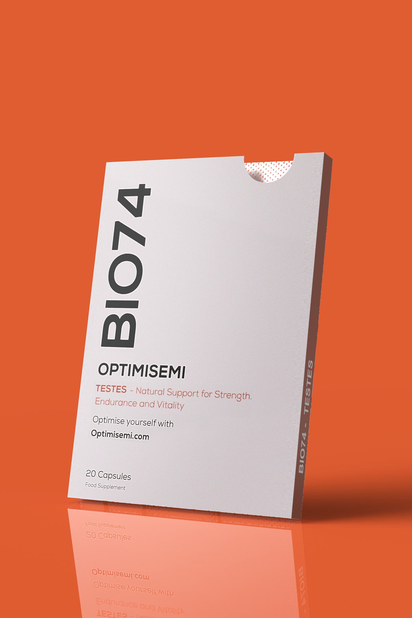 Optimisemi Bio74 Testes food supplement box, featuring bold black and orange text on a white background with a orange border. The label reads: TESTES - Natural Support for Strength, Endurance and Vitality. Contains 20 supplement capsules. Supplement.