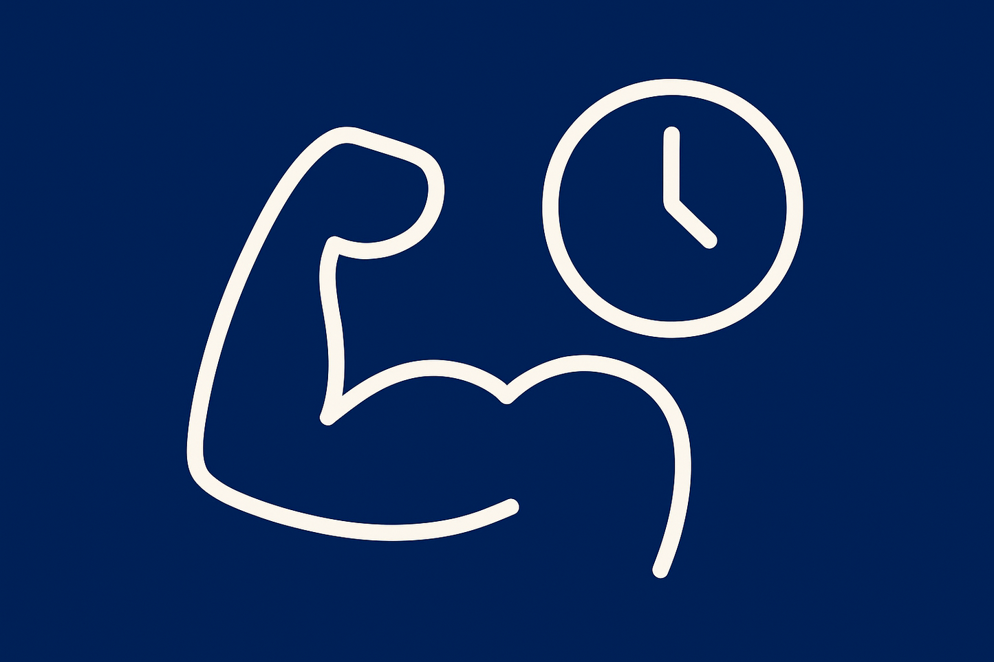 Outline of a flexed bicep and clock on a blue background