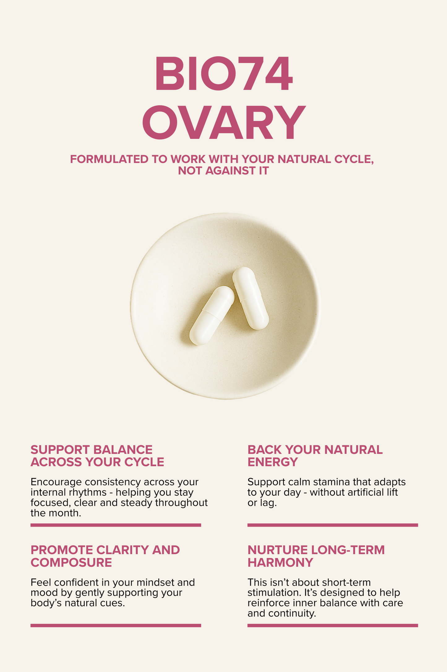  Informational graphic for Ovary, a wellness supplement designed to  which has natural support for balance, energy, and focus. Two white capsules in pot are centered in the image, surrounded by benefit statements, each paired with a short description highlighting the supplement’s effects.
