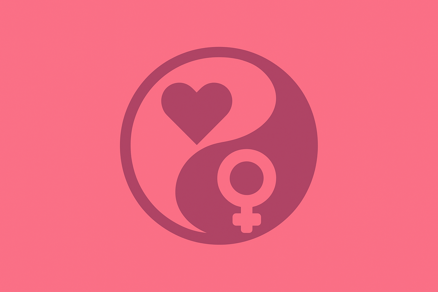 Yin yang symbol with a heart and female gender sign on a pink background