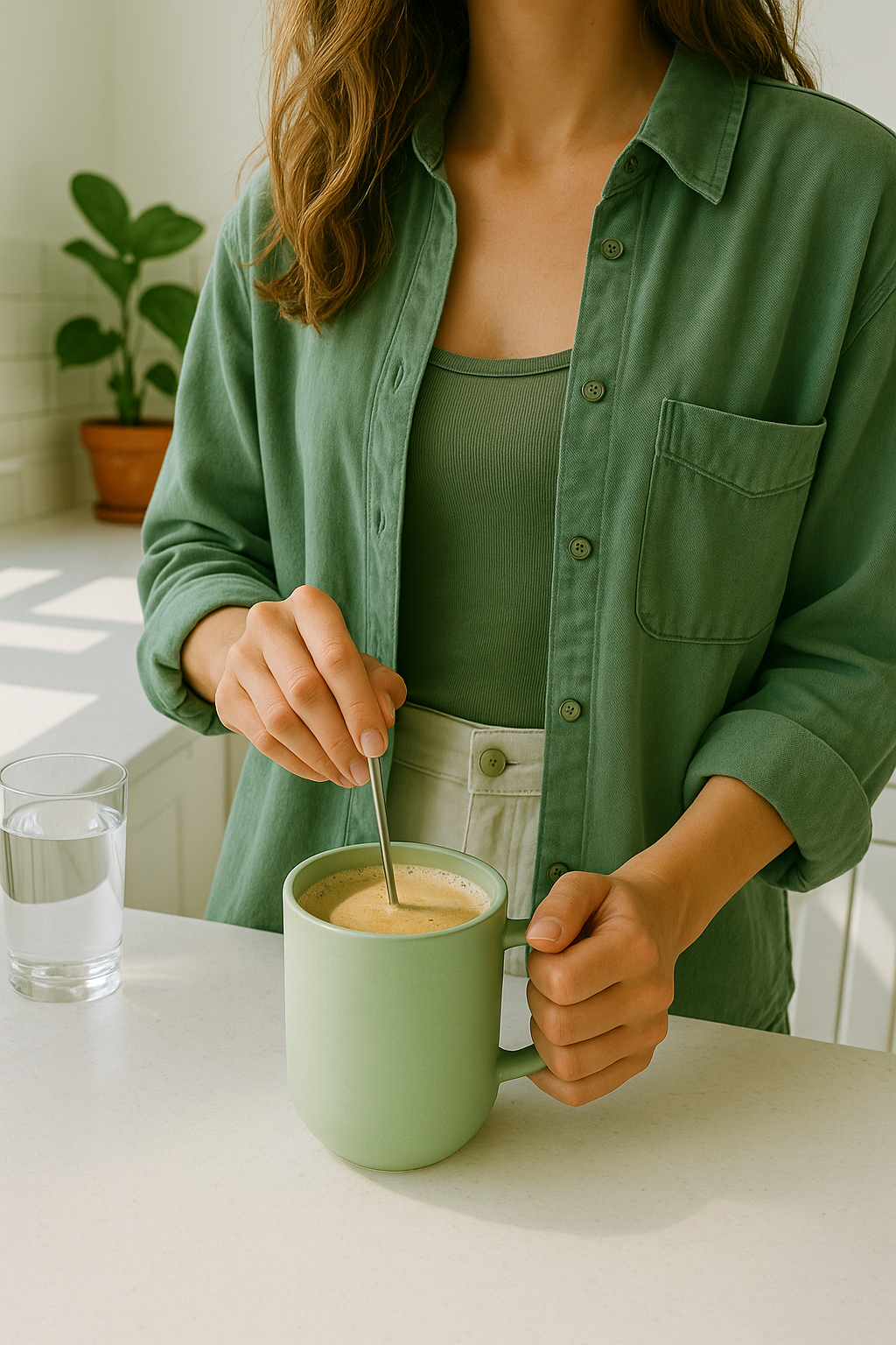 Person stirring a cup of coffee in a green mug with a green shirt, standing in a kitchen.