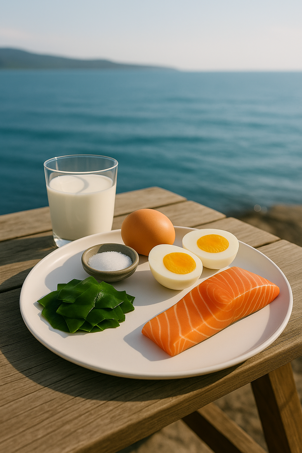 Plate with salmon, eggs, and greens by a glass of milk on a wooden table by a body of water.