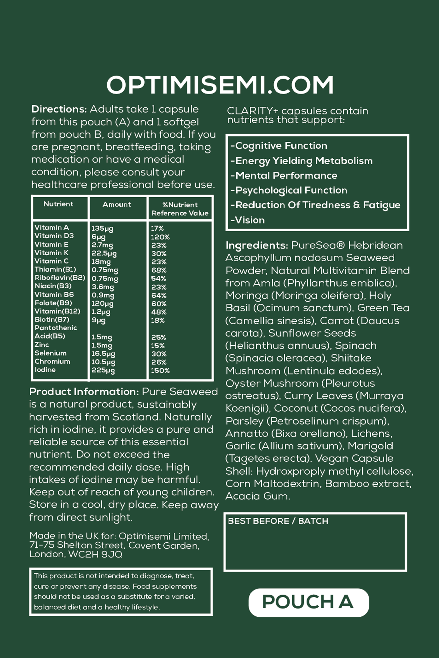 Product label for Optimisemi with text and nutritional information on a green background