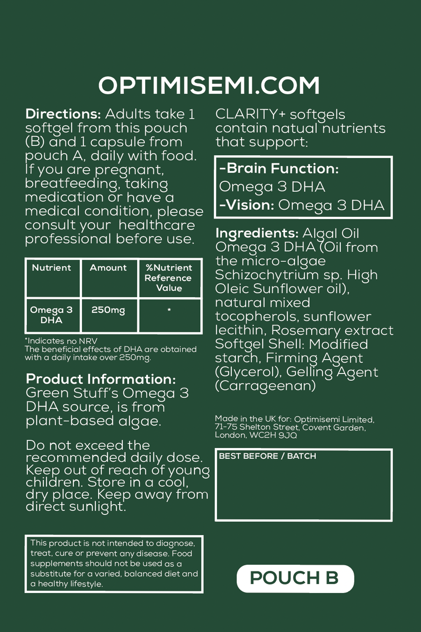 Product label with text and information on a green background