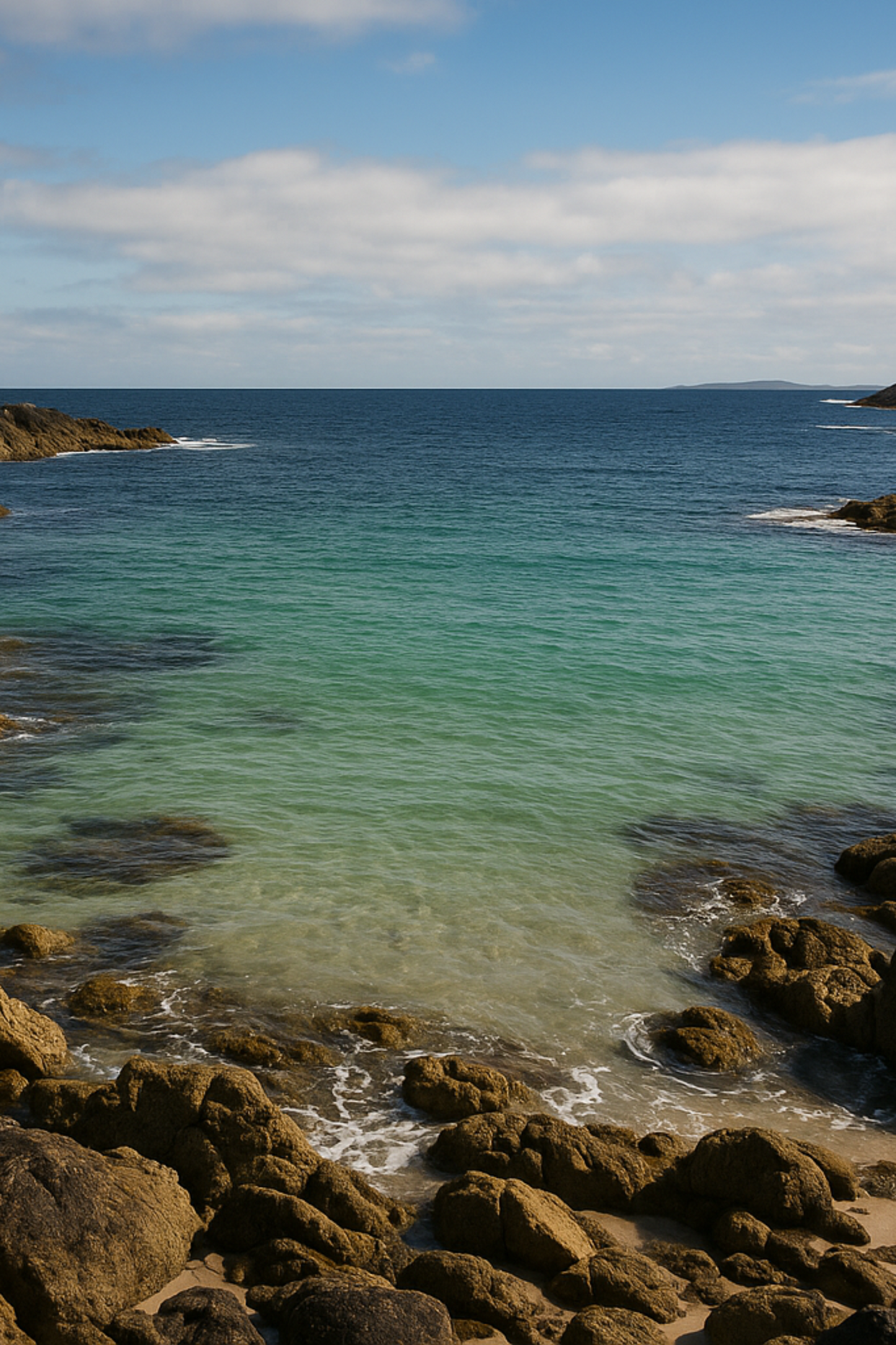 Rocks by a body of water with a clear sky