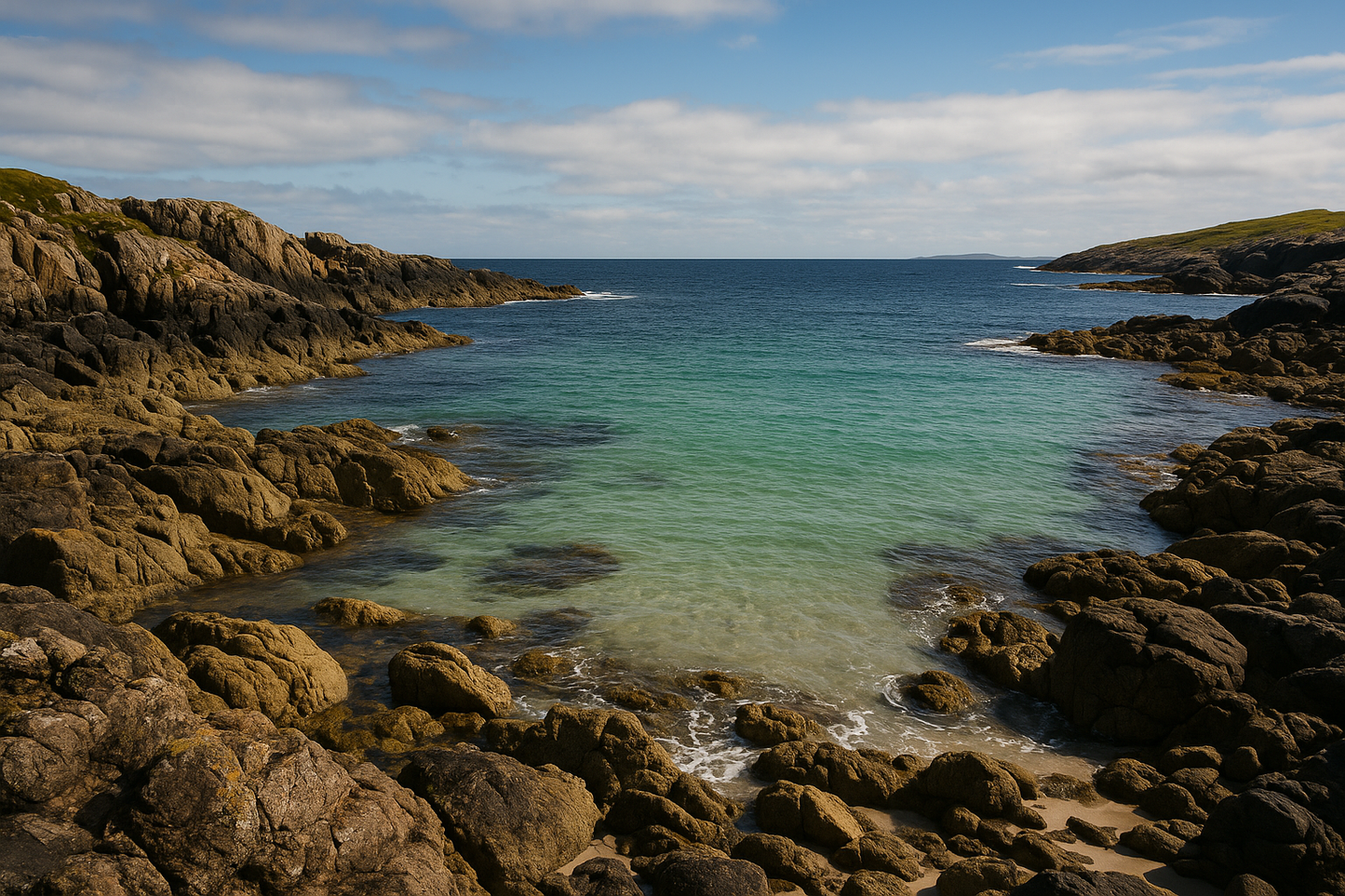Rugged Scottish coastline with rocky shores and clear blue water under a partly cloudy sky.