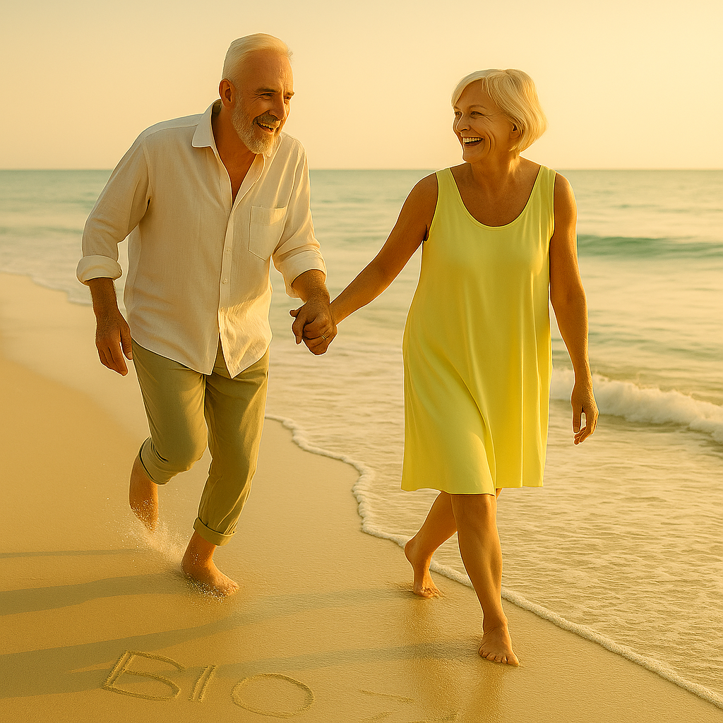 Senior couple holding hands and walking on a beach at sunset, wearing yellow to represent the adrenal supplement with BIO74 written in the sand in front of them. 