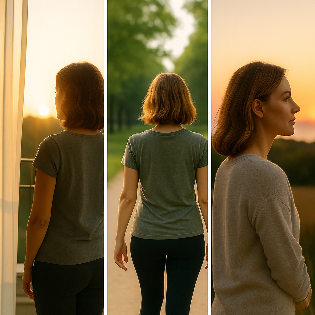 Three panels showing a woman from different angles during sunset representing the different phases of taking BIO74 supplements. 