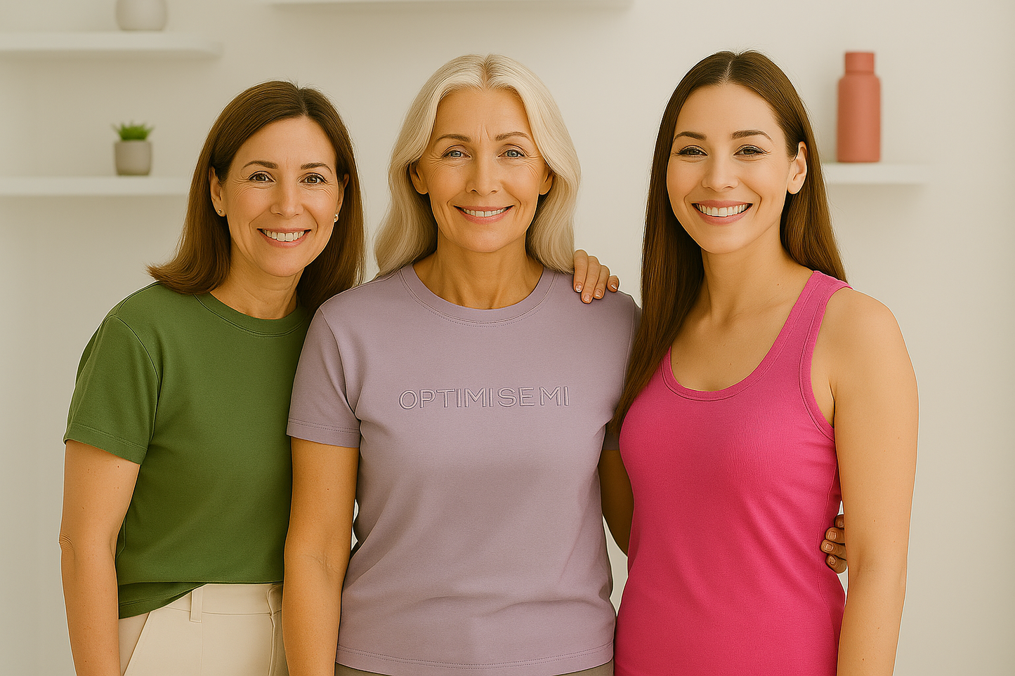 Three women standing together, smiling, with a neutral background, promoting the women's optimisemi collection