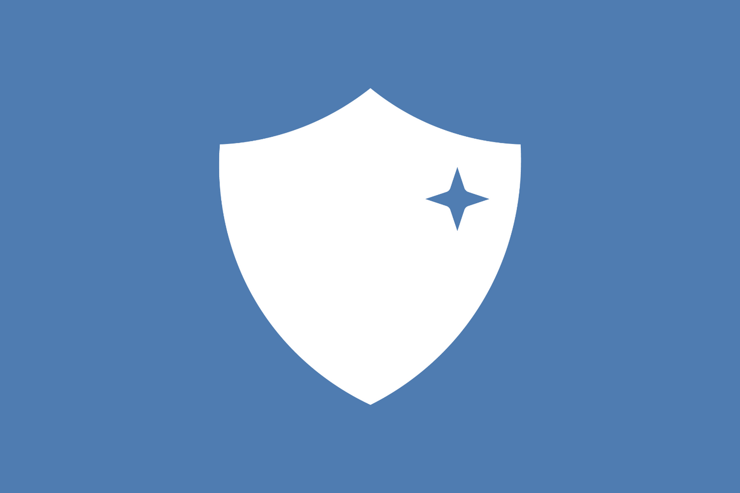 White shield icon with a blue star on a blue background