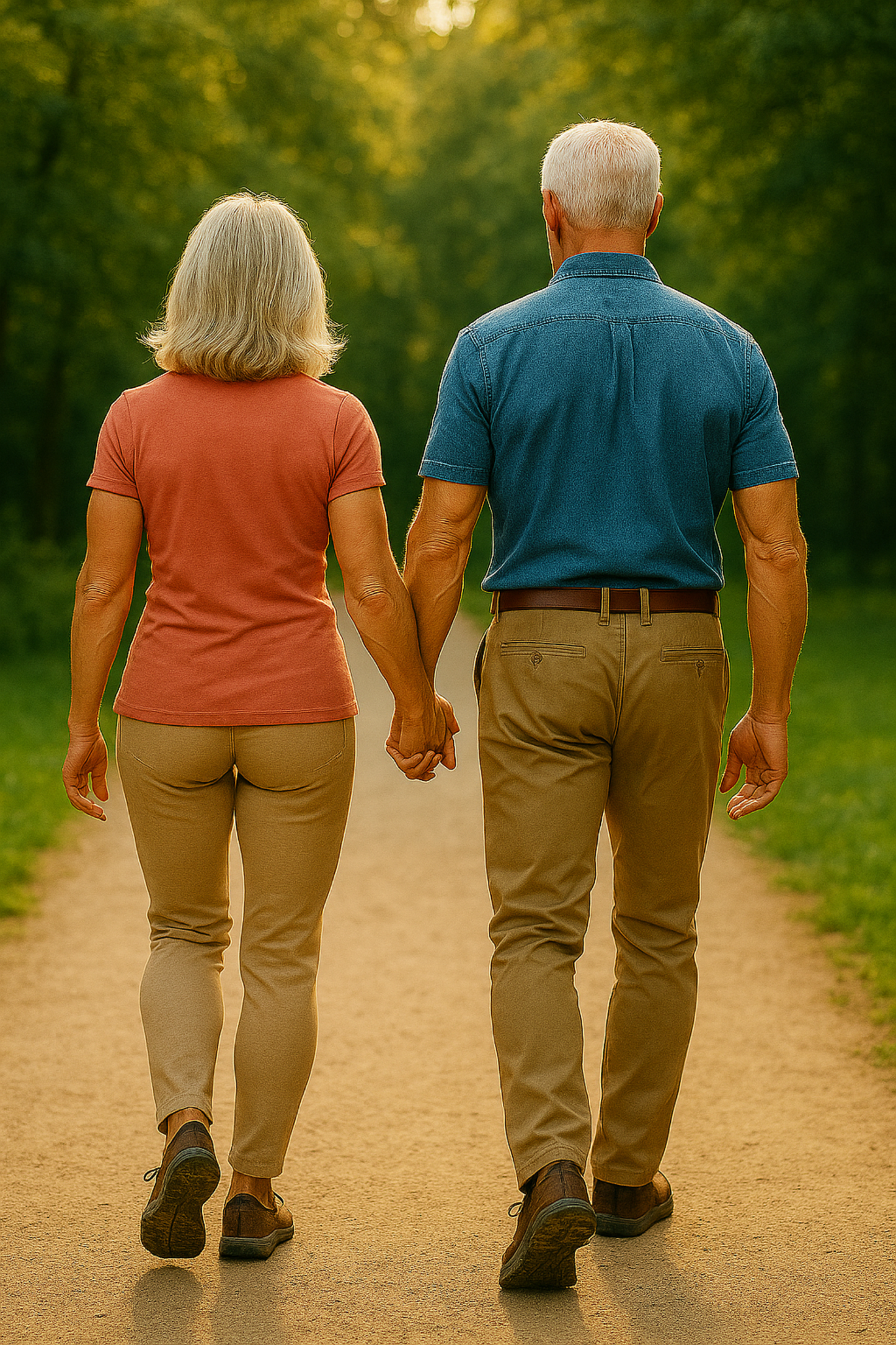 Two elderly people holding hands and walking down a path in a park, promoting the resilience and rhythm optimisemi collection