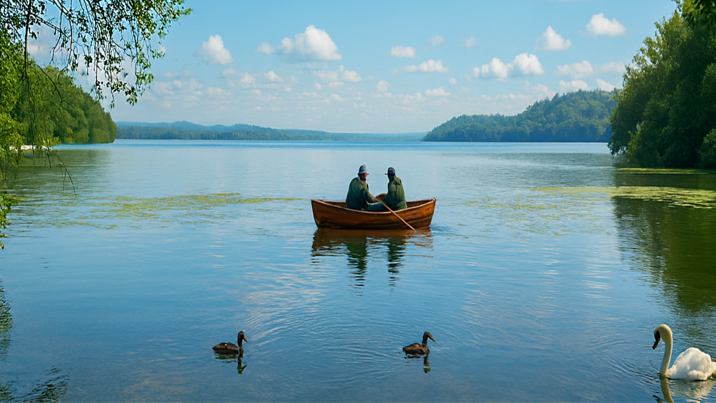 Two people in a boat on a calm lake with ducks and a swan, surrounded by trees and mountains.