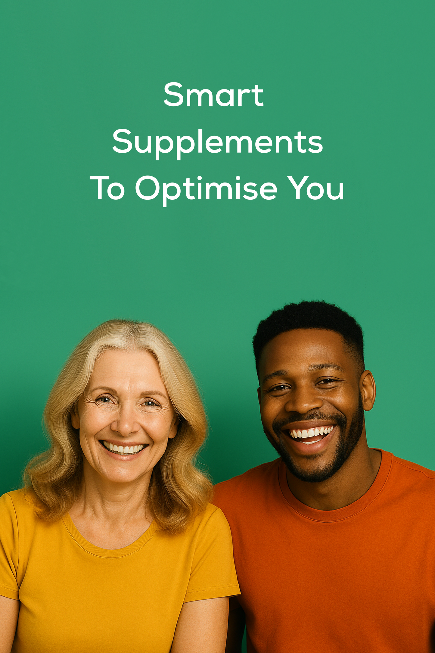 Two people smiling with text 'Smart Supplements To Optimise You' on a green background