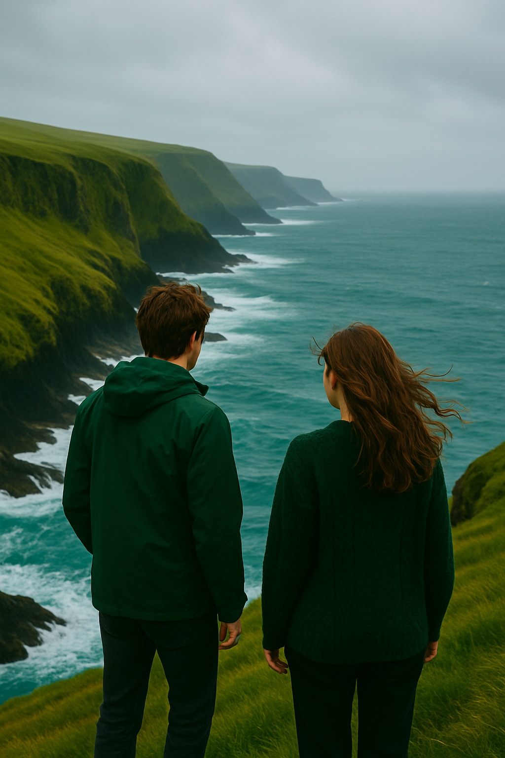 Two people standing on a cliff overlooking the ocean on a cloudy day.