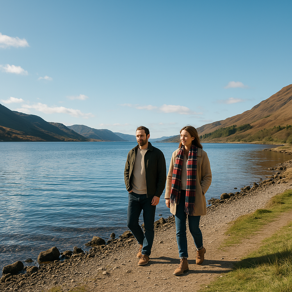 Two people walking along a lakeside path with mountains in the background