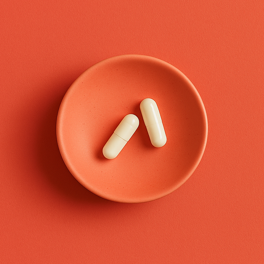 Two white optimisemi supplements on a coral plate against a coral background