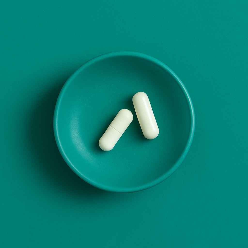 Two white optimisemi supplements on a teal plate against a teal background