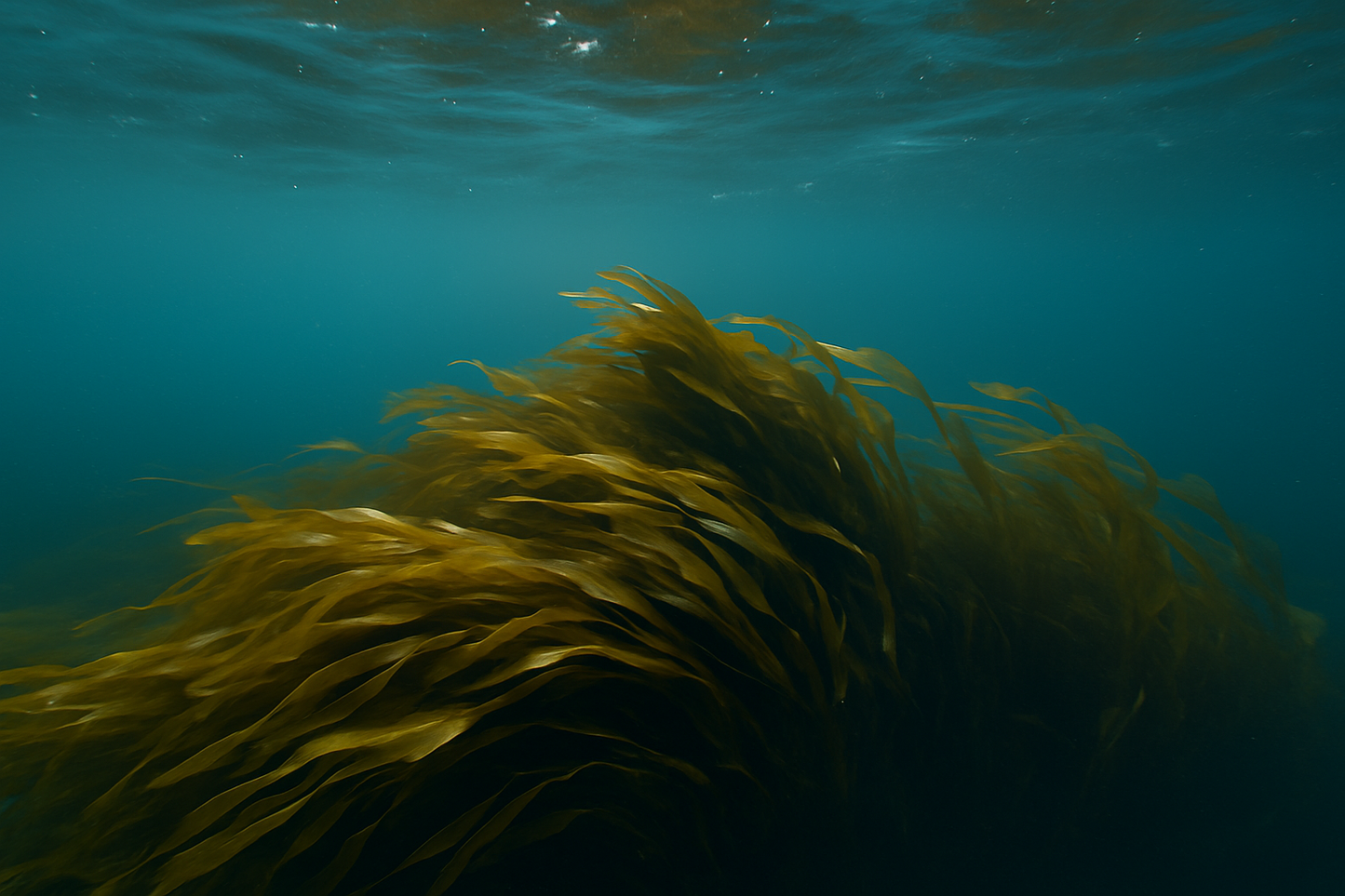 Underwater view of seaweed swaying in the ocean.