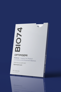 View of the BIO74 MUSCLE supplement box. The packaging suggests a daily-use wellness product designed with clinical precision to support physical consistency and movement balance. Contains 20 supplement capsules. 