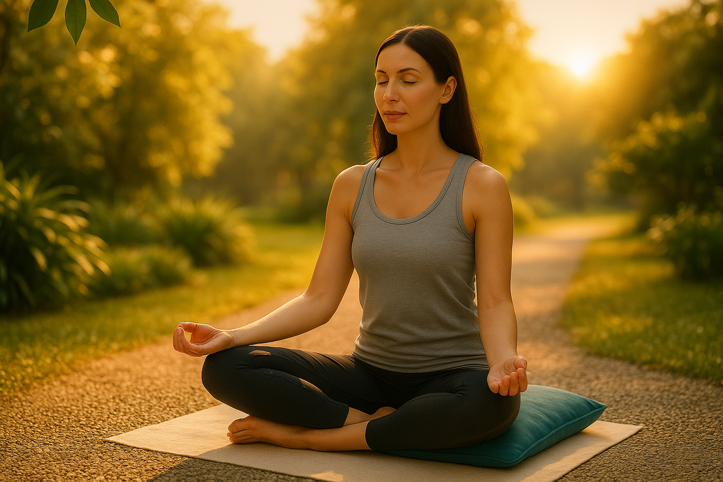 Woman meditating outdoors on a path with greenery and sunset in the background promoting the rest and recovery optimisemi collections