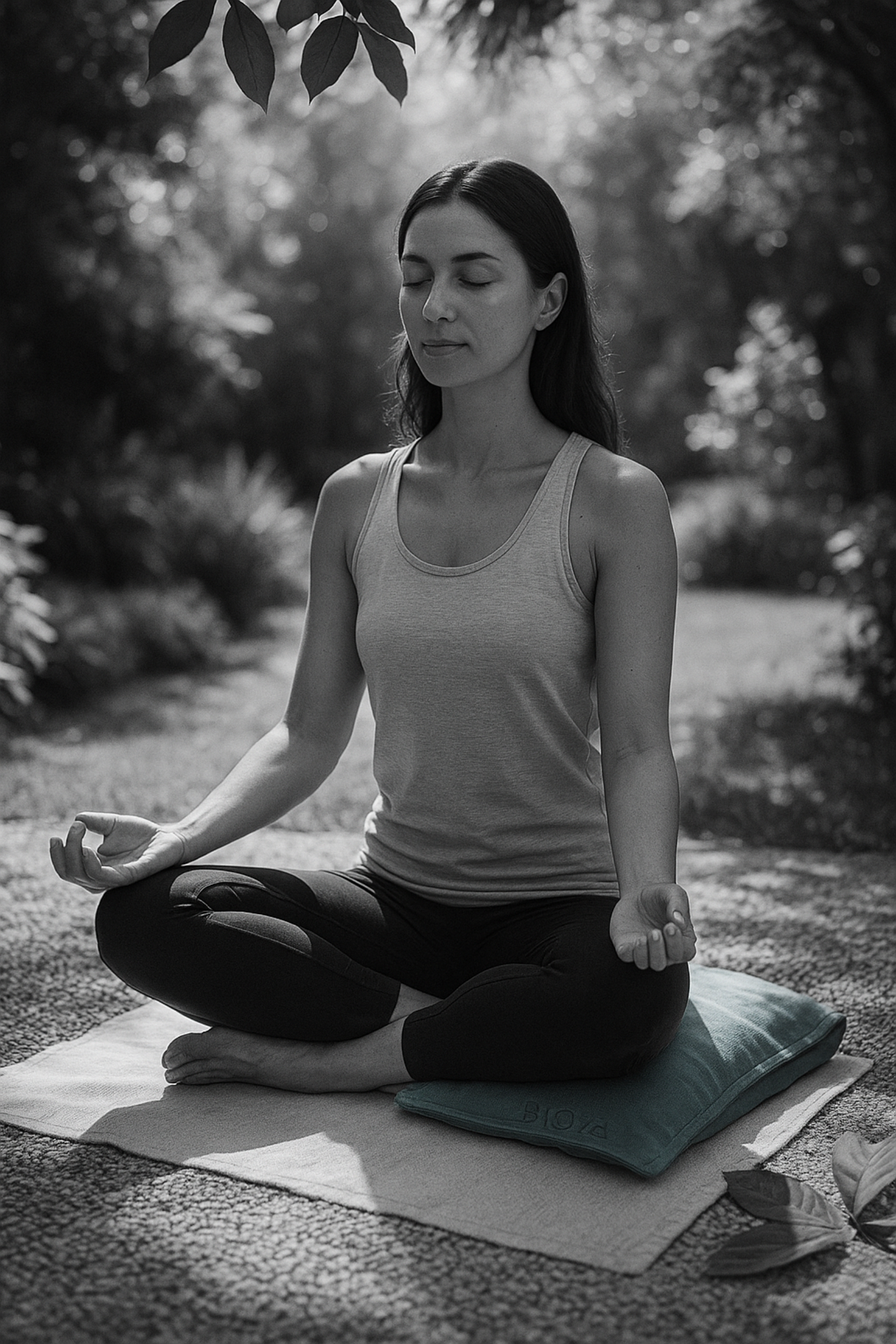 Woman practicing yoga outdoors on a mat with greenery in the background promoting the women's optimisemi product collection