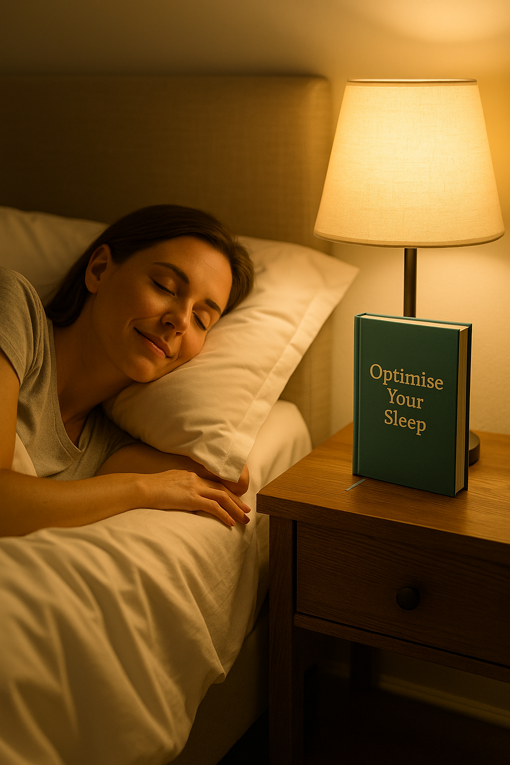 Woman sleeping in bed with a lamp on a nightstand next to her, promoting the optimisemi rest and recovery supplement collection
