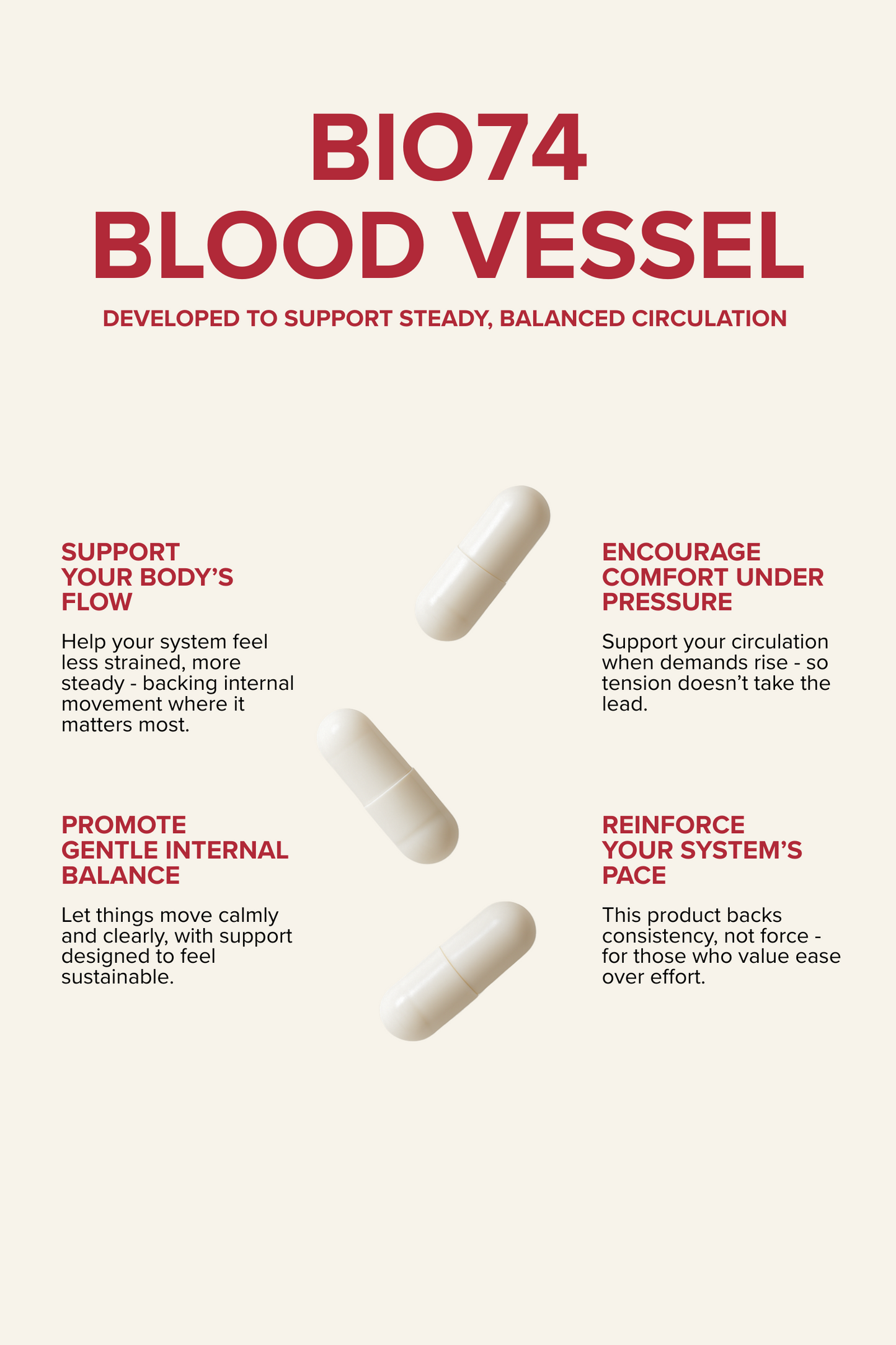 Informational graphic for Adrenal, a wellness supplement designed to support energy, focus, and balance. Three white capsules are centered in the image, surrounded by benefit statements, each paired with a short description highlighting the supplement’s effects.
