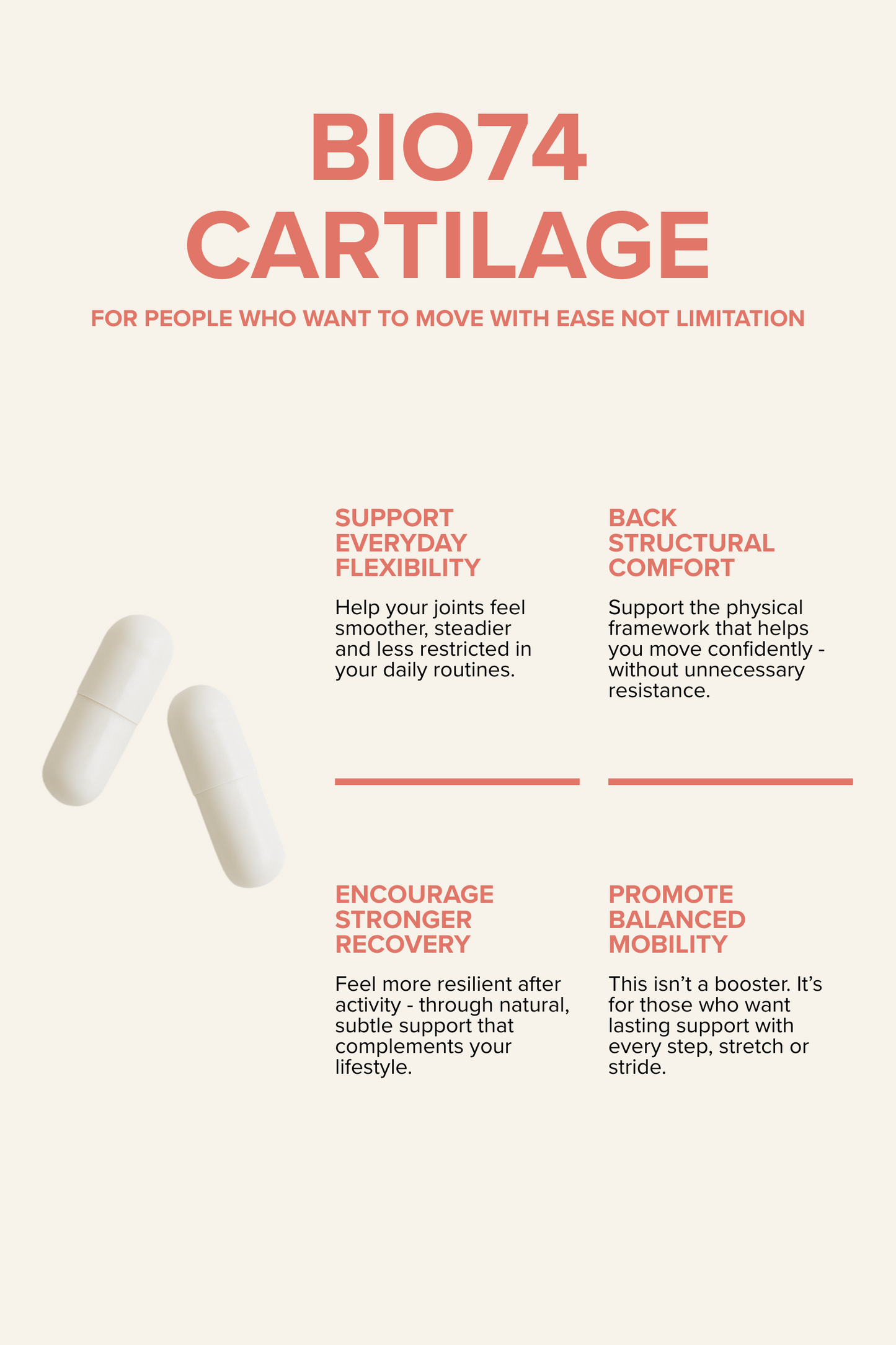 Informational graphic for Cartilage, a wellness supplement designed to support movement and physical resilience. Two white capsules are left aligned on the image, with left aligned benefit statements, each paired with a short description highlighting the supplement’s effects.