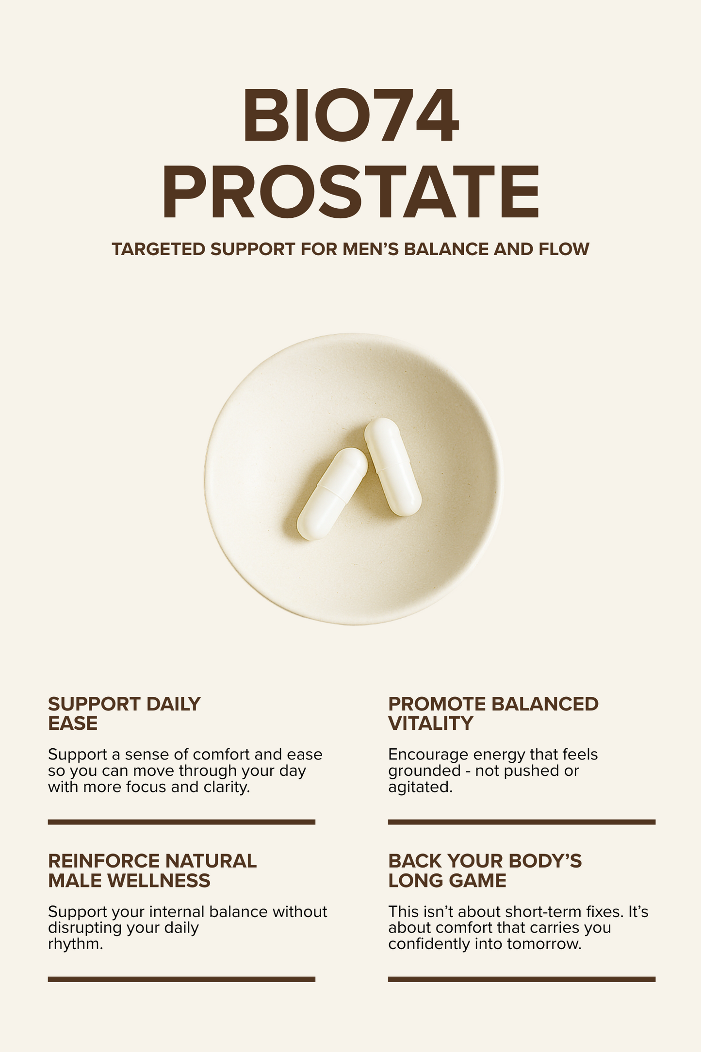 Informational graphic for Prostate, a wellness supplement designed to support male balance and stability. Two white capsules in pot are centered in the image, surrounded by benefit statements, each paired with a short description highlighting the supplement’s effects.
