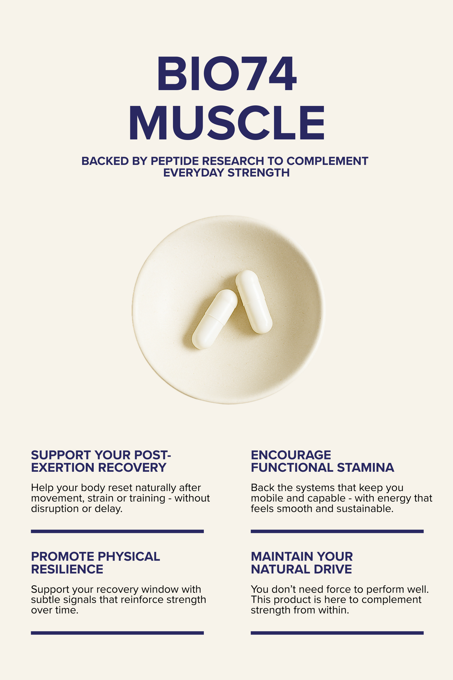 Informational graphic for Muscle, a wellness supplement designed to support physical consistency and movement balance. Two white capsules in pot  are centered in the image, surrounded by benefit statements, each paired with a short description highlighting the supplement’s effects.